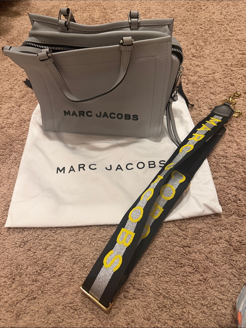 Marc Jacobs Light Gray Leather Tote with Black & Yellow Logo Strap